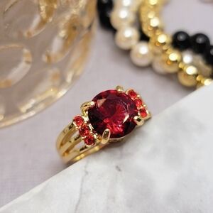 Gold and Ruby Red Crystal Ring Diamond cut Christmas Vibes Valentine's Day Gift